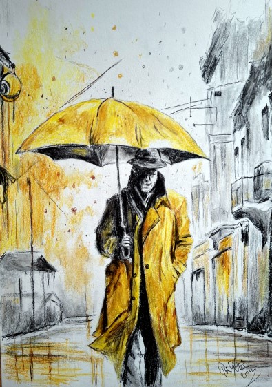 Mann mit gelbem Schirm - 70