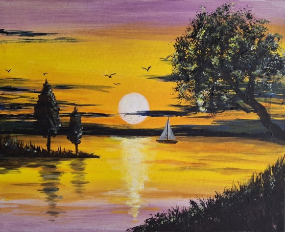 Sonnenuntergang am See mit Boot-mini