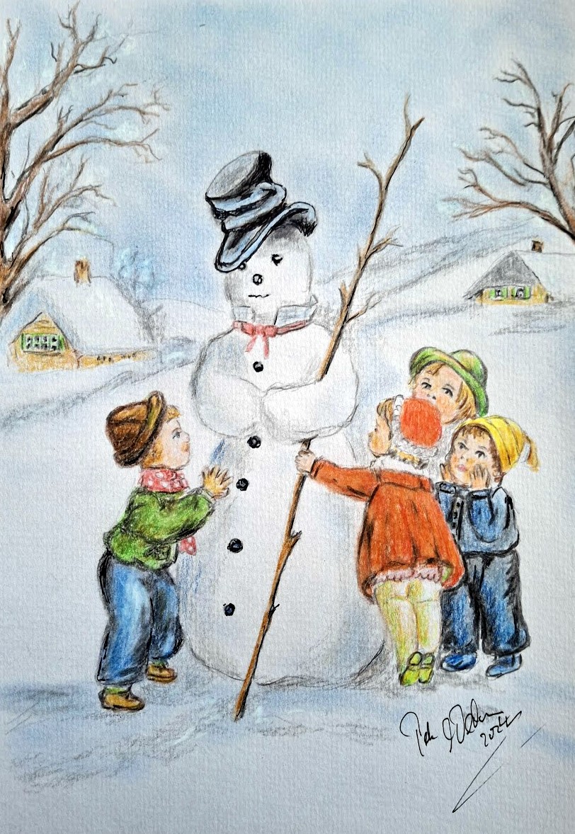 Kinder bauen einen Schneemann